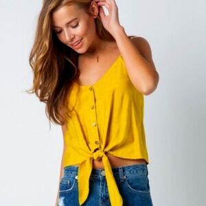 Mustard Yellow Spaghetti Strap Button Down Top